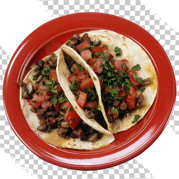 PSD twee taco's op een rode plaat met tortillas erop