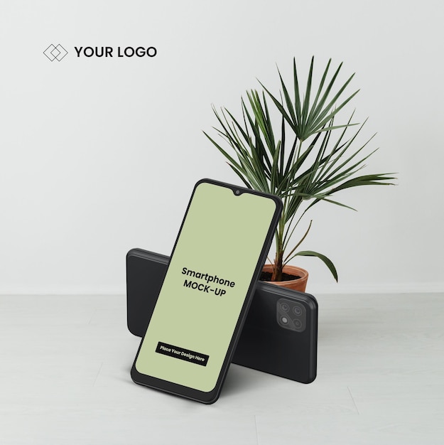 Twee telefoons mockup design versterker 3d podium achtergrond premium psd