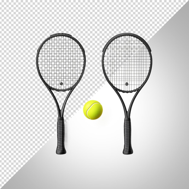 twee tennisrackets met een bal en een bal op de achtergrond