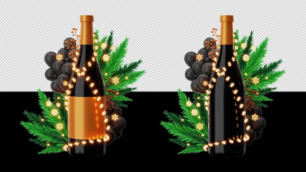 Twee type realistische champagnefles versierd met verlichte verlichtingsslinger, spar of pijnboombladeren, ballonnen op zwart-witte png-achtergrond.