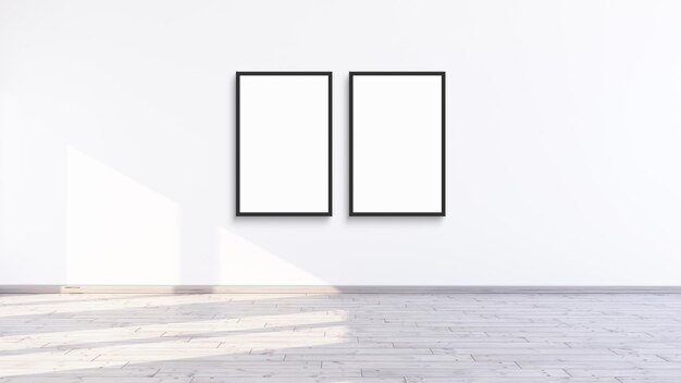 Twee verticaal frame mock-up ontwerp in een witte binnenkamer met houten eiken vloer