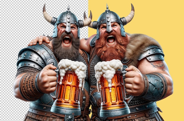 PSD twee vrienden vikingen drinken met bier bekers op een doorzichtige achtergrond