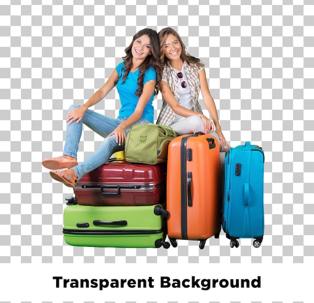 Twee vrienden zitten bovenop bagage.