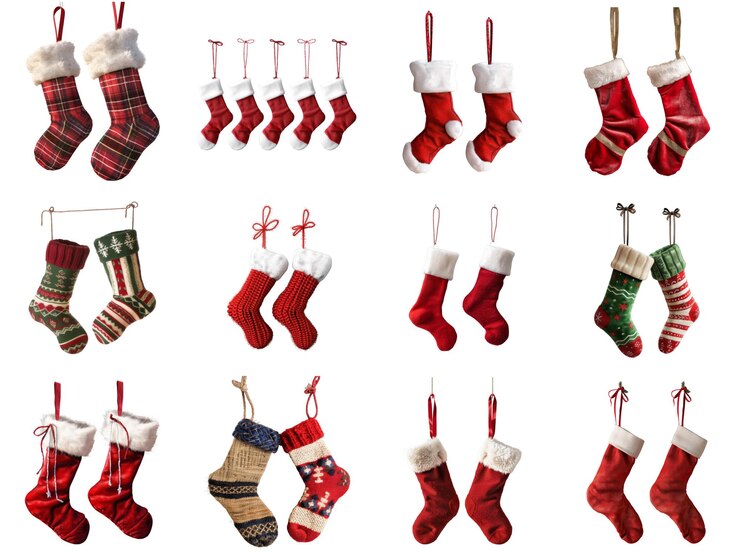 PSD twelve christmas stockings hanging on white background