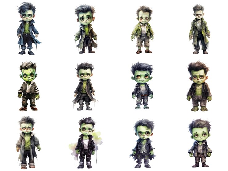 PSD twelve cute greenskinned boy zombies in various outfits