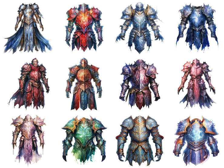 PSD twelve detailed illustrations of ornate knight armor in different colors