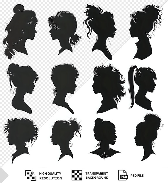Twelve Female Silhouettes with Various Hairstyles Against a Transparent Background