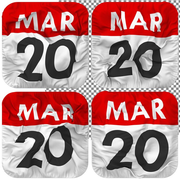 PSD ventesimo 20 marzo data calendario icona isolato quattro stile ondulato bump texture 3d rendering