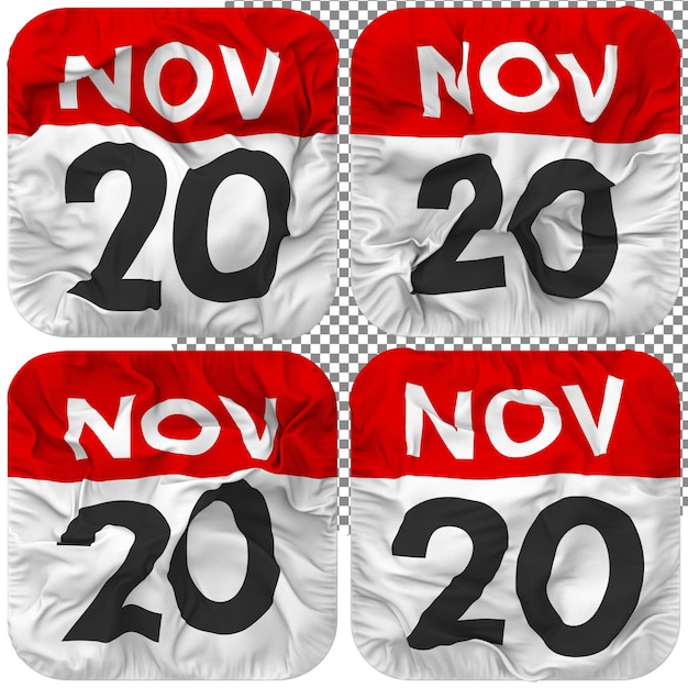 Twentieth 20th november date calendar icon isolated four waving style bump texture 3d rendering