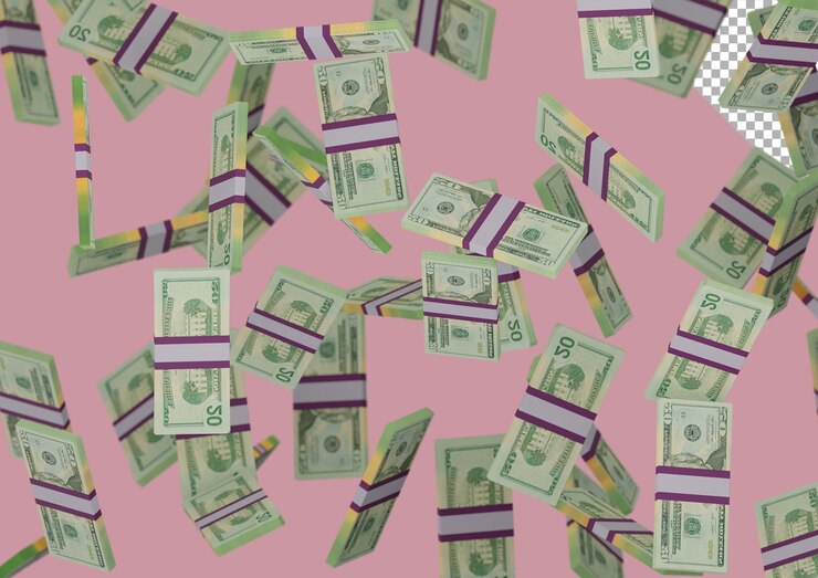 PSD twenty dollar stack of money, 3d render, illustration, dollar bills isolated on background