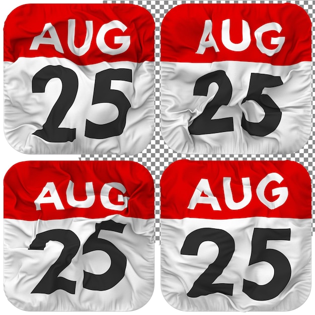 PSD venticinquesimo 25 agosto data icona del calendario isolata quattro ondeggianti stile bump texture rendering 3d