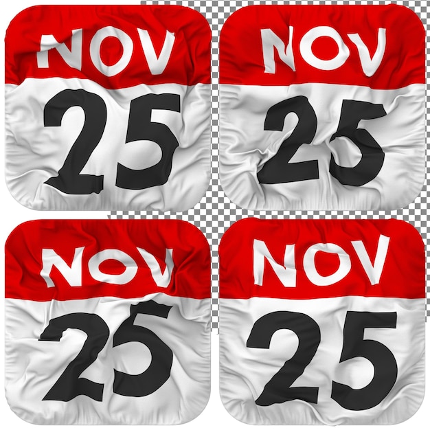 twenty fifth 25th november date calendar icon isolated four waving style bump texture 3d rendering