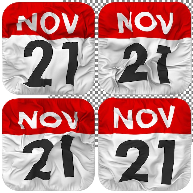 PSD twenty first 21st november date calendar icon isolated four waving style bump texture 3d rendering