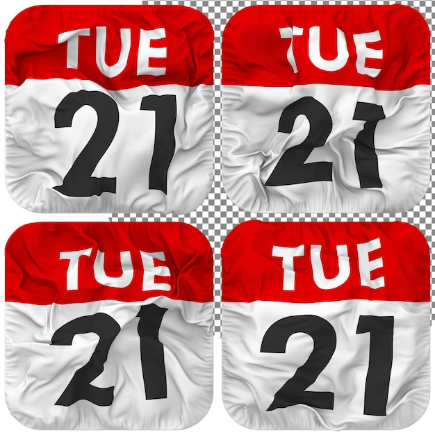 Twenty First 21st Tuesday Date Calendar Icon Isolated Four Waving Style Bump Texture 3D Rendering