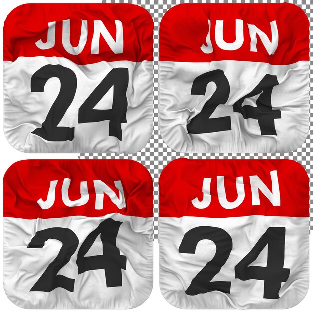 Twenty Fourth 24th June Date Calendar Icon Isolated Four Waving Style Bump Texture 3D Rendering