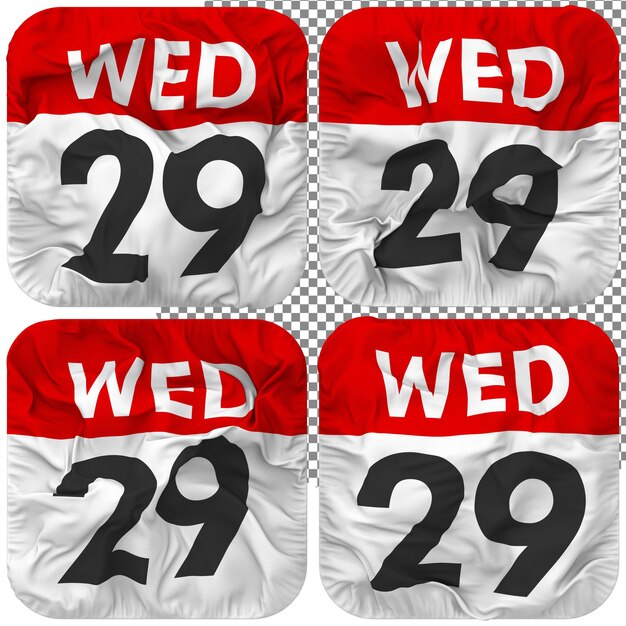 Twenty Ninth 29th Wednesday Date Calendar Icon Isolated Four Waving Style Bump Texture 3D Rendering