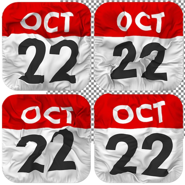 PSD Двадцать второй 22 октября дата календаря иконка изолированная четыре размахивающих стиль текстуры 3d визуализация