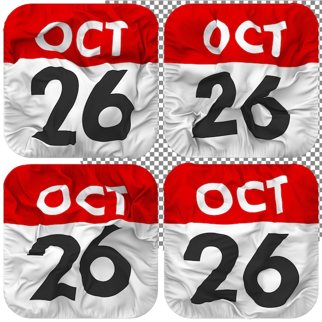 PSD twenty sixth 26th october date calendar icon isolated four waving style bump texture 3d rendering