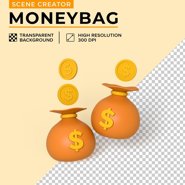 Illustrazione 3d del creatore di scene twi moneybag e coin