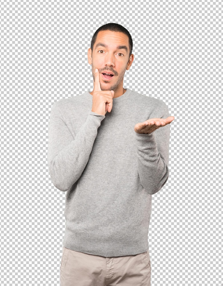 PSD twijfelachtige jonge man die iets vasthoudt met zijn hand