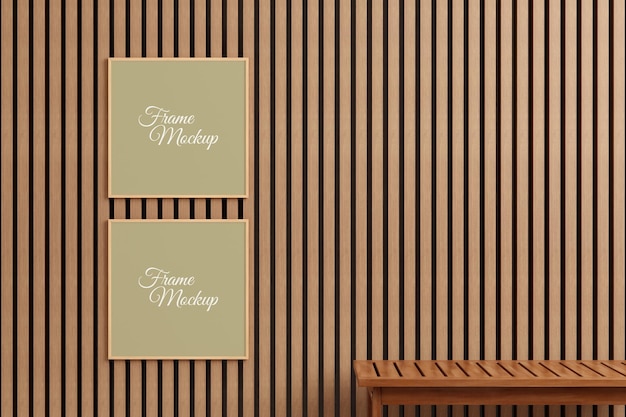 PSD twin modern and minimalist square wooden poster or photo frame mockup on the outdoor wooden wall