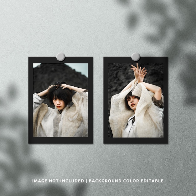 twin portrait black paper photo frame mockup with shadow overlay