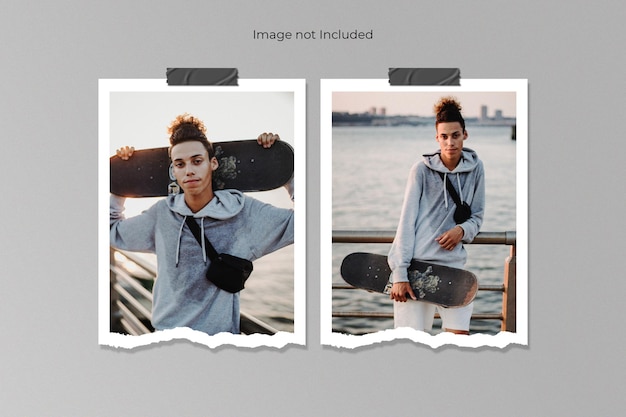 twin realistic torn paper photo frame mockup design 