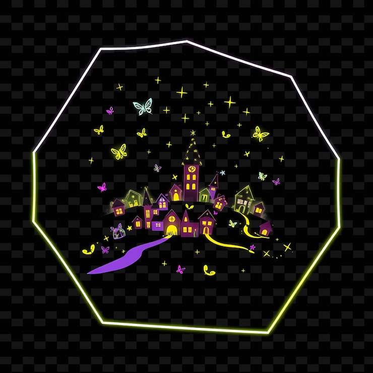 PSD twinkling neon fairy village inside a silhouette hexagon glowing houses dot the landscape with tiny