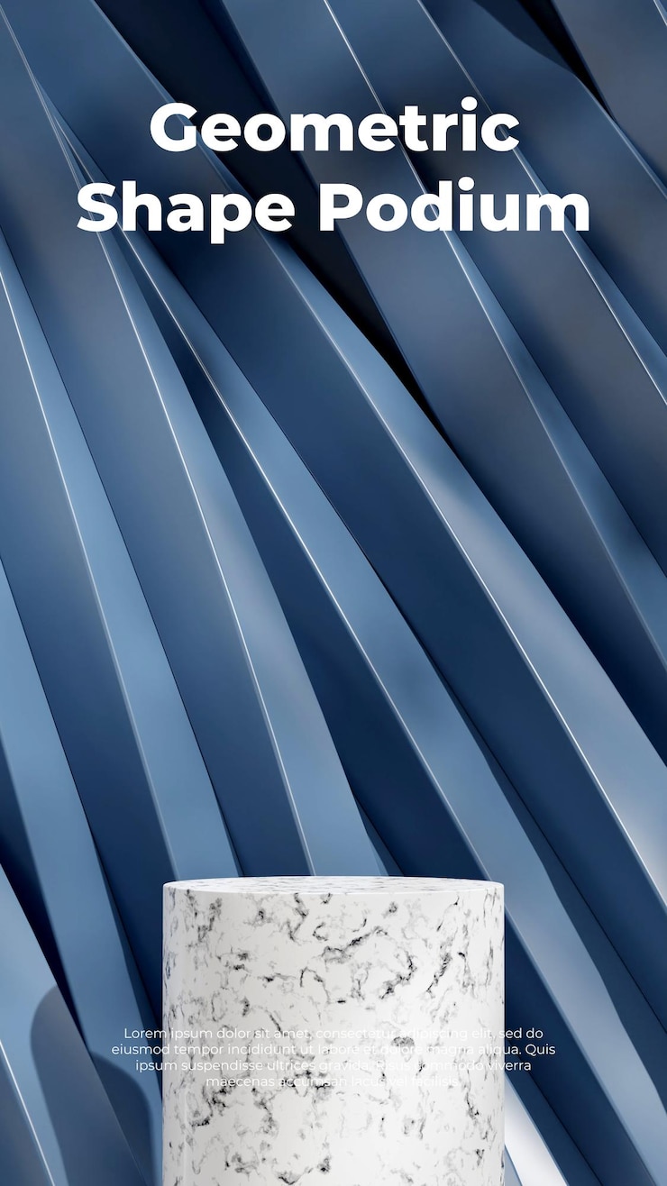 PSD twisted blue geometrical shape 3d rendering mockup scene of white marble texture podium in portrait