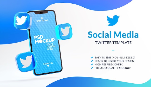 PSD icone fluttuanti di twitter e mockup del telefono per il modello di social media marketing in rendering 3d