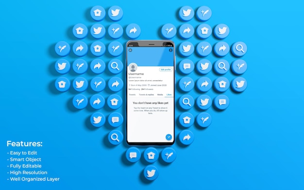 Twitter interface mockup omringd door 3d zoals love and comment icon