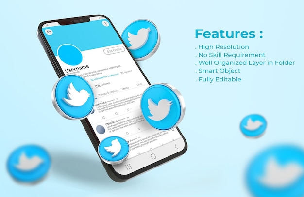 Mockup di twitter sul cellulare con logo 3d