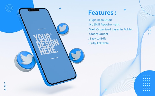 3dアイコンの豪華な携帯電話のモックアップのtwitter