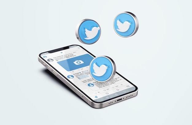 PSD 3d 아이콘이있는 실버 휴대폰 모형의 트위터