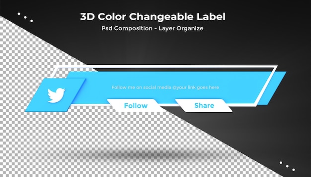 PSD twitter połącz nas w mediach społecznościowych odznaka ikony renderowania dolnego trzeciego projektu 3d