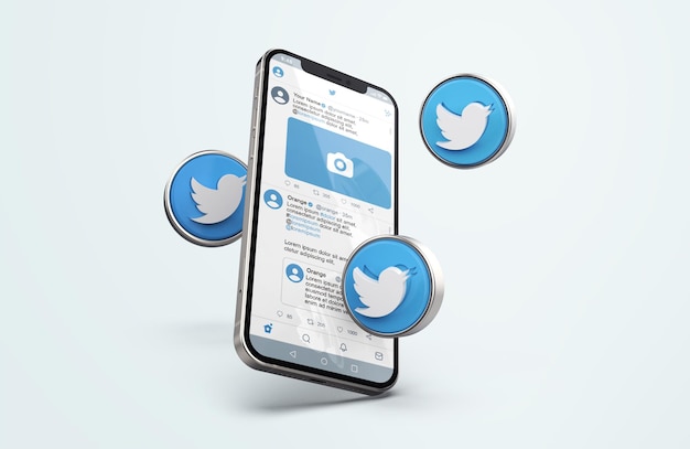 PSD twitter on silver mobile phone mockup with 3d icons