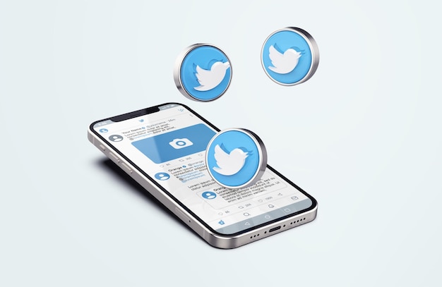 PSD twitter su silver mobile phone mockup con icone 3d