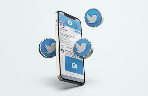 3D 아이콘이있는 실버 휴대폰 모형의 트위터