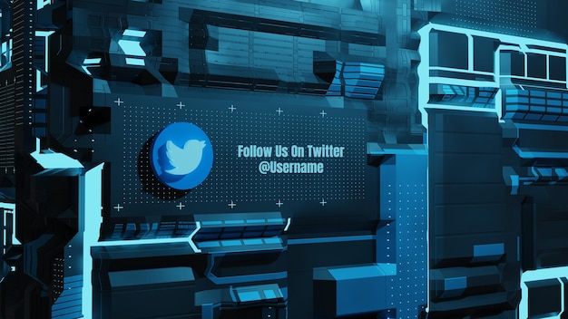 PSD twitter social media follow us with 3d future neon technology wall background