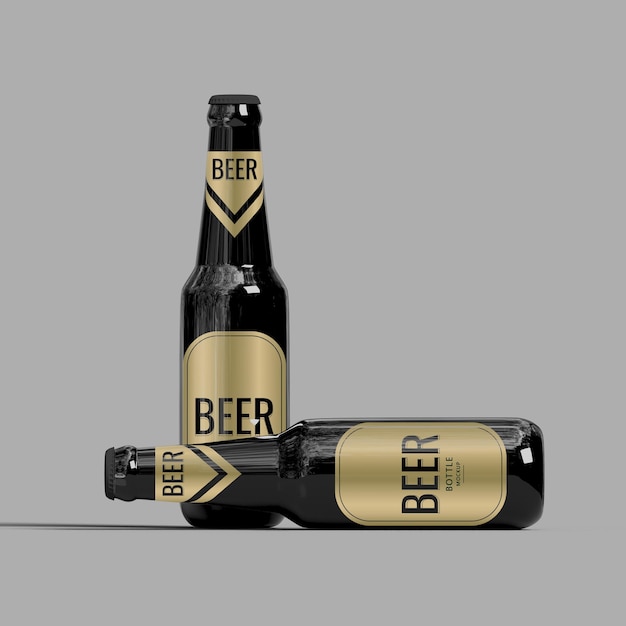 two 500ml dark black beer bottle mockup