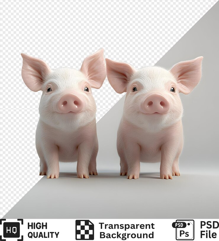 PSD 두 마리의 사랑스러운 돼지 새끼가 에 서서 투명한 배경에 분리된 미소를 짓고 있습니다.