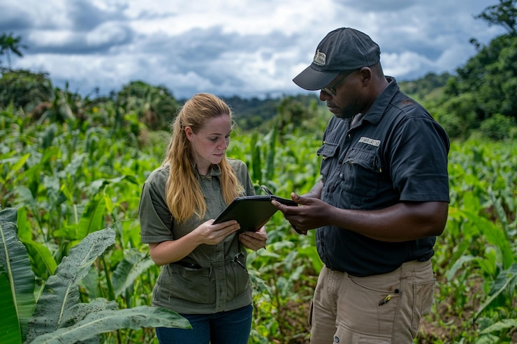 PSD two agricultural workers reviewing data on a tablet in a banana plantation