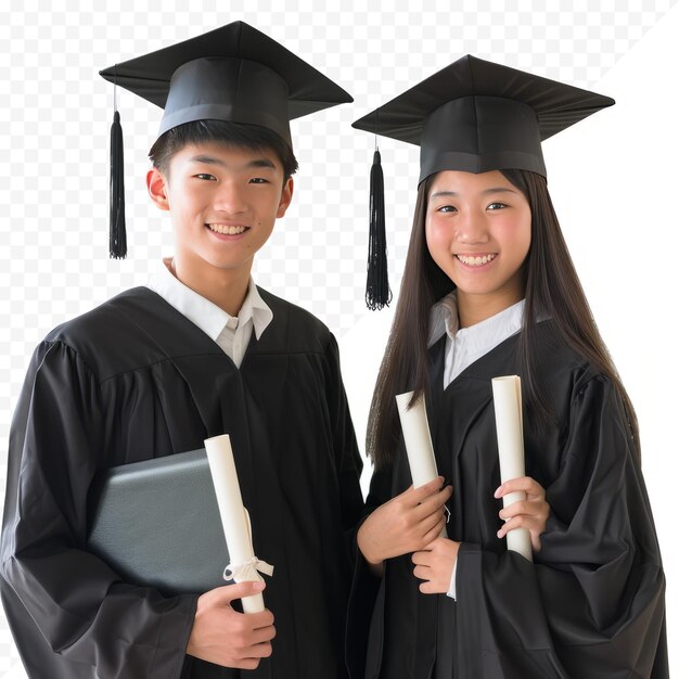 Due studenti asiatici con cappello da laurea, abito e diploma