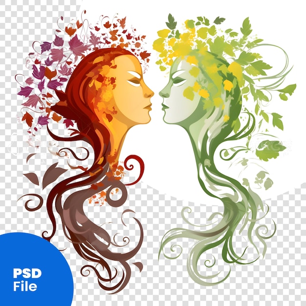 Two beautiful women with flowers and leaves on a white background psd template
