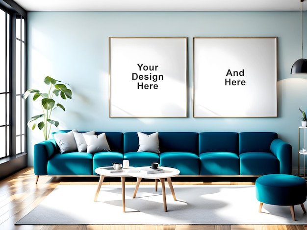 PSD two big square frame mockup in a modern living area