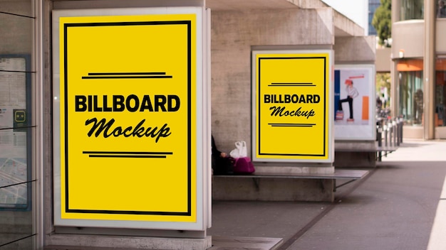 Two billboards on a wall with a sign that says billboard mockup.