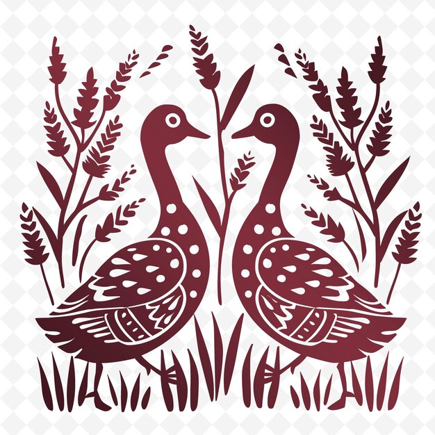 Two birds in the grass with flowers on a white background