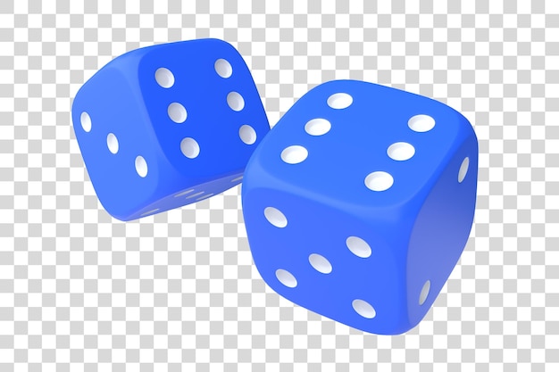 Two blue rolling gambling dice in Flight on a white background Lucky dice Board games 3D render