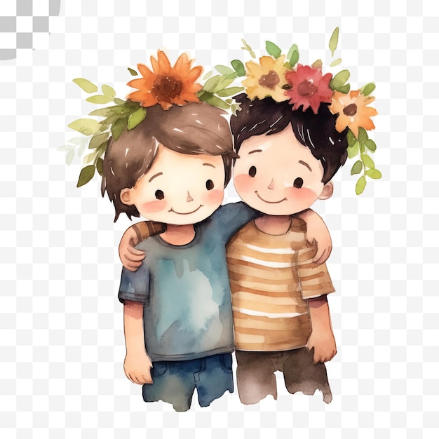 PSD the two boys hugged each other's shoulders watercolor on transparent background