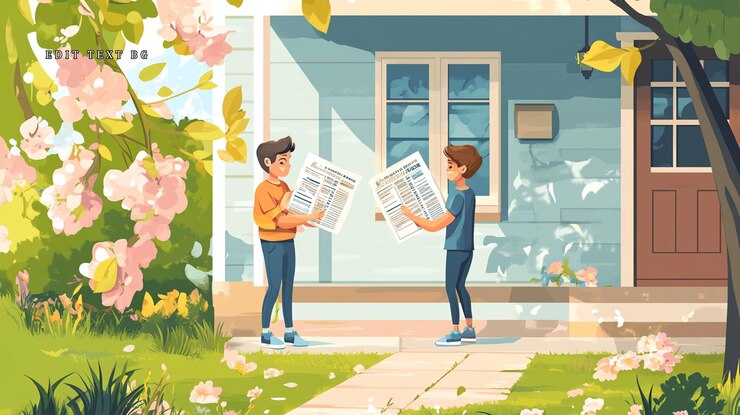 PSD two boys reading newspapers on a sunny day in front of a house